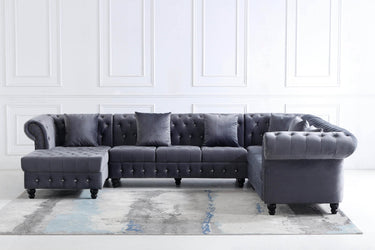 Classic Chesterfield L-Shape Corner Sofa in Luxurious Dark Grey Velvet with Deep Button-Tufting - UK Luxury Furniture